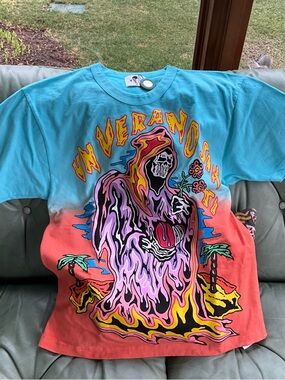 Graphic Flame Grim Reaper Ombre Tee - Turquoise & Coral
